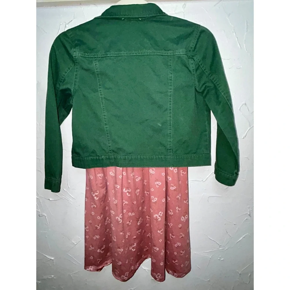 Emma & Elsa Girls Green Denim Jacket and Pink Floral Dress Set Size 12